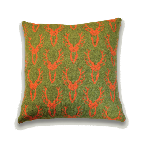 Scottish Stag Deer Head Knitted Cushion - Olive Green & Orange