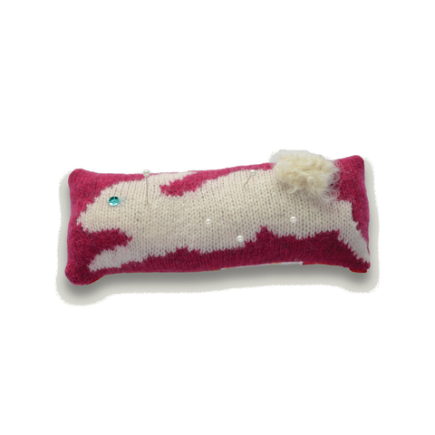 Dark Pink Knitted Bunny Rabbit  Pincushion With Fluffy Tail