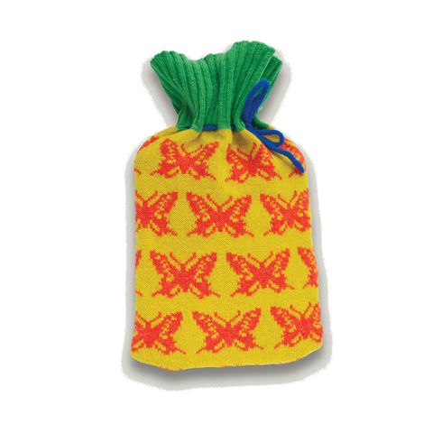 Hot Water Bottle Knitted Lambswool Butterfly Yellow, Green & Orange