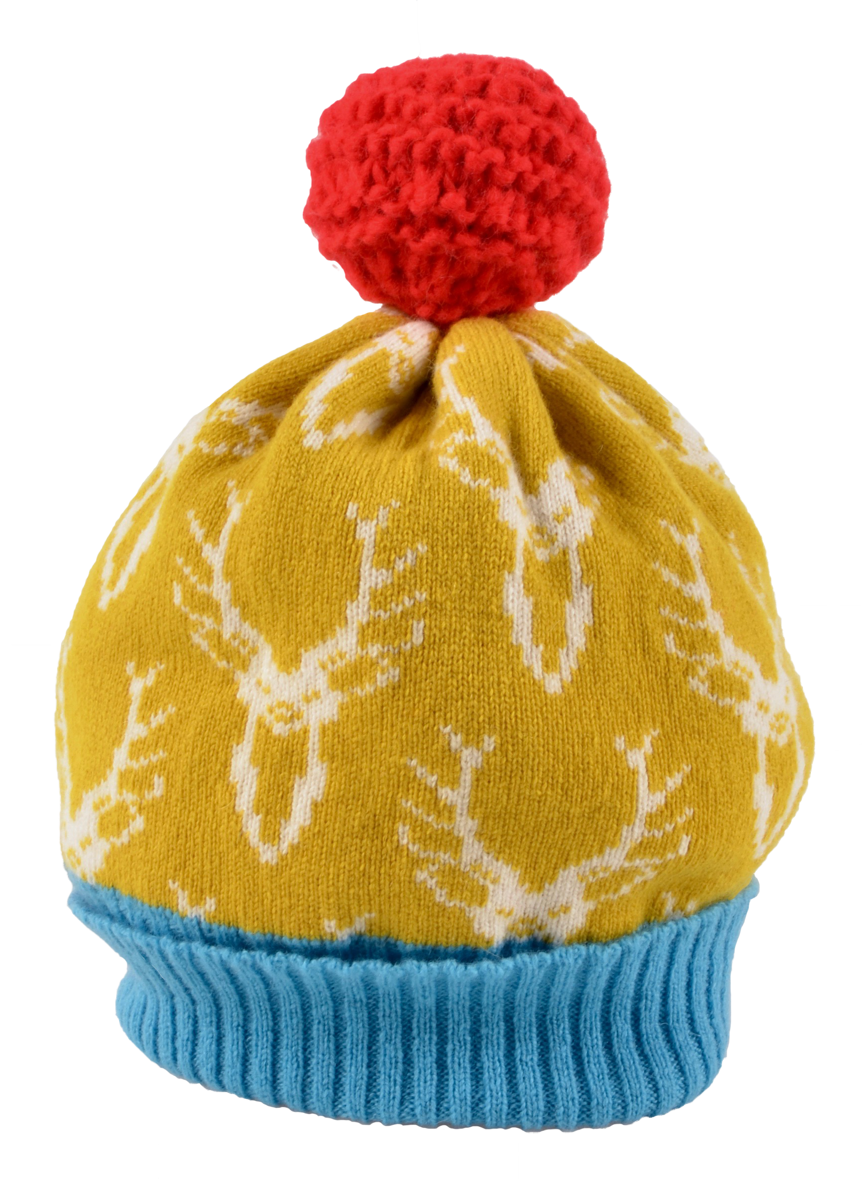 Knitted Lambswool Bright Coloured Stag Patterned Bobble Hat