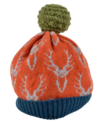 Knitted Lambswool Autumn Coloured Stag Patterned Bobble Hat